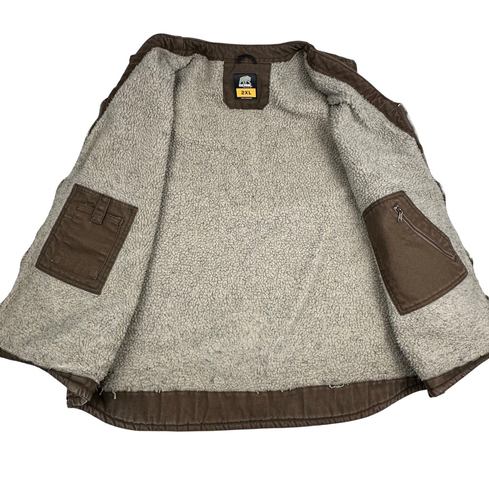 Berne Mens 2XL Brown Duck Canvas Sherpa Lined Workwear Vest Full Zip V-Neck - Picture 8 of 16